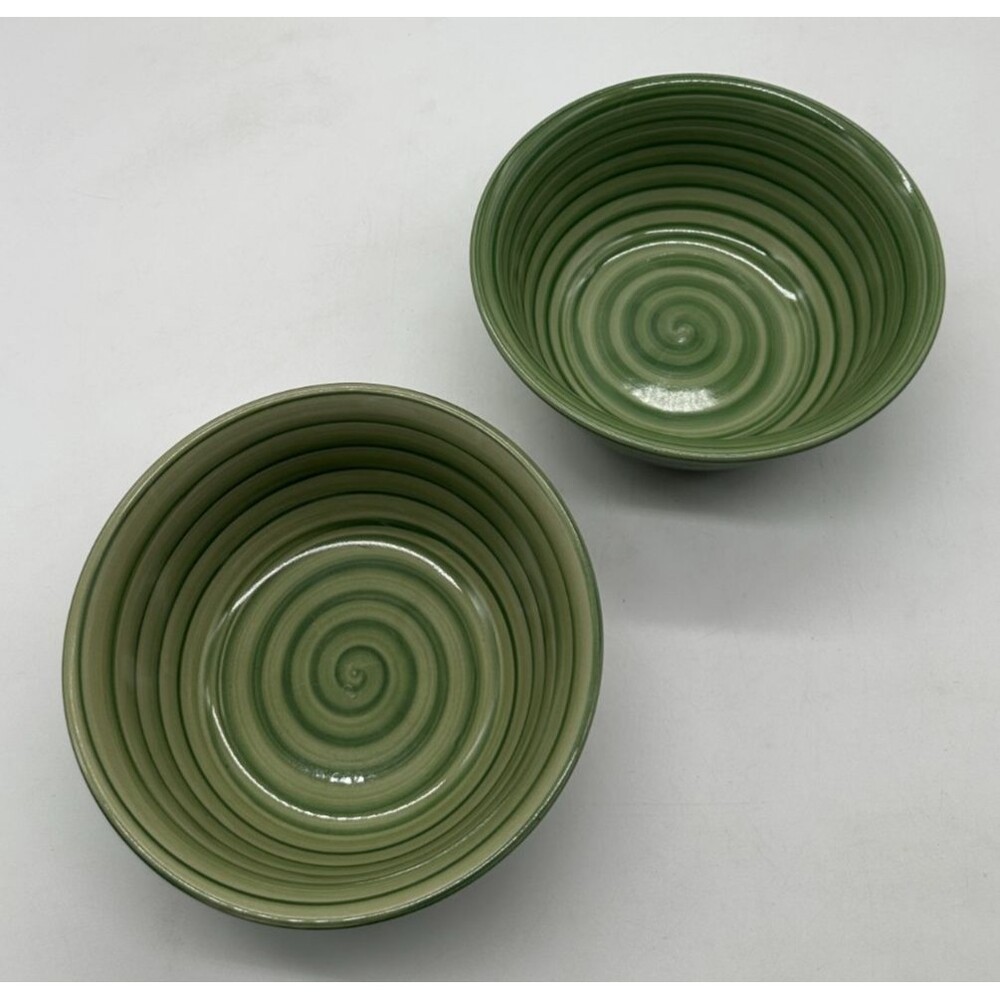2 Swirl GREEN Tabletops Unlimited Hand Painted Cereal Soup Bowls Discontinued